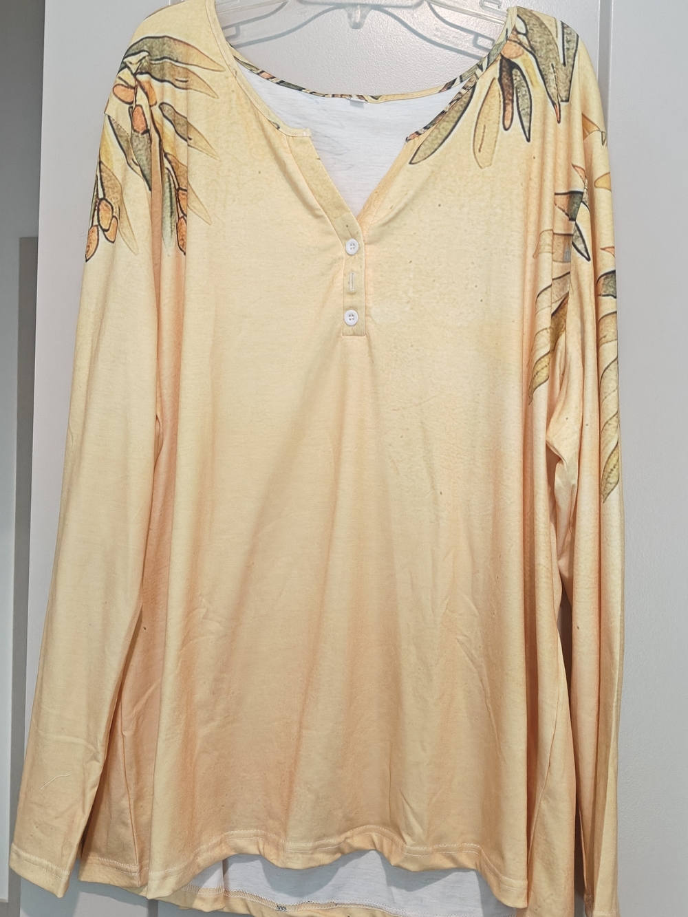 Women's Long Sleeve Henley Tee - Yellow With Floral Accent Sleeves